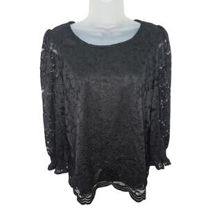 Adrianna Papell Black Floral Lace 3/4Length Smock  Sleeve Women's Top Blouse M
